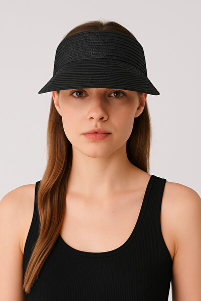 CosmoOutlet Women's Black Straw Wide Visor Adjustable Summer Sunscreen Visor Beach and Sports Cap