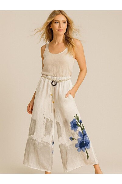 Butik İtalyan Çiçek Desenli Keten Pantolon - BEYAZ