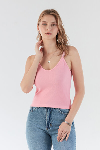 Fulla Moda Ribbed Straps Stone Detailed V-Neck Blouse