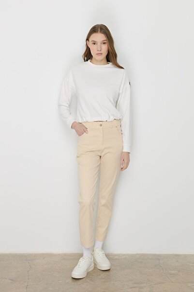 Nihan Dar Paça Kanvas Denim Pantolon Krem
