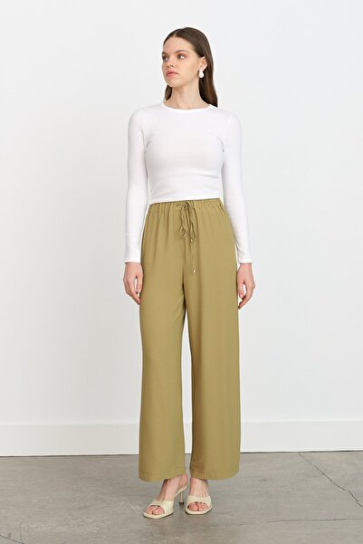 Nihan Beli Lastikli Bol Paça Pantolon Olive
