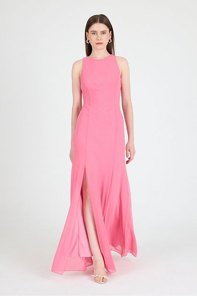 Rays Pink Side Slit Tulle Long Dress 251657