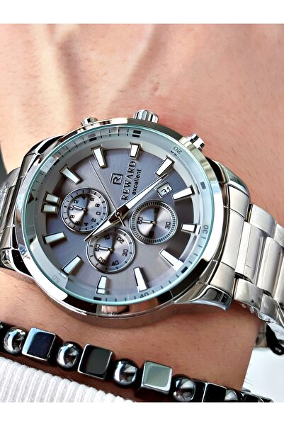 Reward ساعة يد رجالية بسوار فولاذي وظيفي فضي اللون + هدية سوار