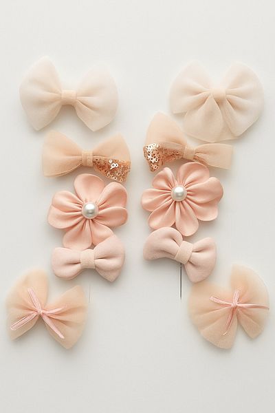 Magu Girl's Salmon and Cream Colored 10-Piece Buckle Set – Bow, Flower and Sequin Detail