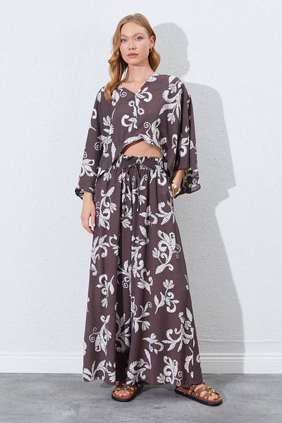 MODAMOR Flower Patterned Linen Kimono & Pants Double Set