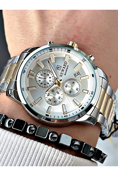 Reward ساعة يد رجالية بسوار فولاذي وظيفي ذهبي وفضي اللون + هدية سوار