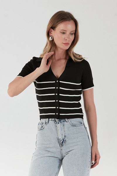 Fulla Moda Πλεκτή μπλούζα με γιακά πόλο με ριγέ κουμπιά