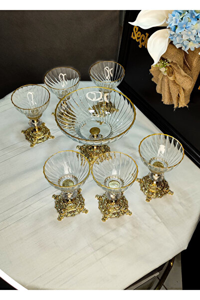 SEÇKİNEV February 7 Piece Gold Footed Ice Cream & Salad & Compote & Bowl Set