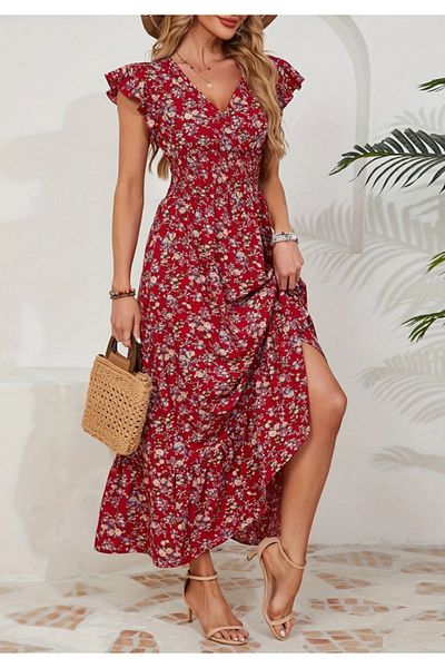 Little Visqon Women Short Sleeve Double Breasted Lapel Elastic Waist Floral Print Dress