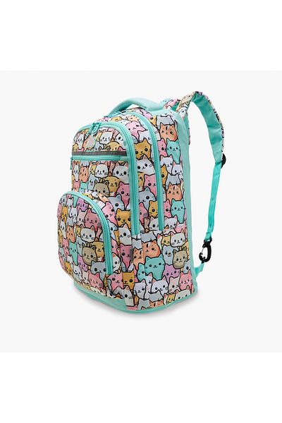 Shout Cat Print 3-Compartment Backpack with Adjustable Straps and Zip Closure - 32x20x45 cms