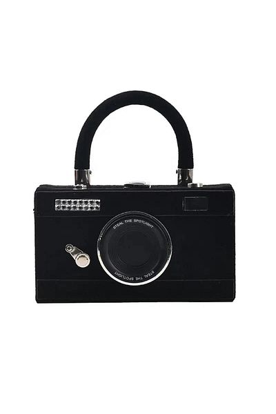 Tessero Geanta de dama tip clutch din catifea, model in forma de aparat foto cu maner si bareta, Tessero, di
