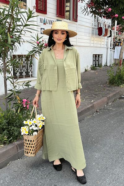 giyimmasalı Modal Fabric Dress Shirt Set - Khaki Green