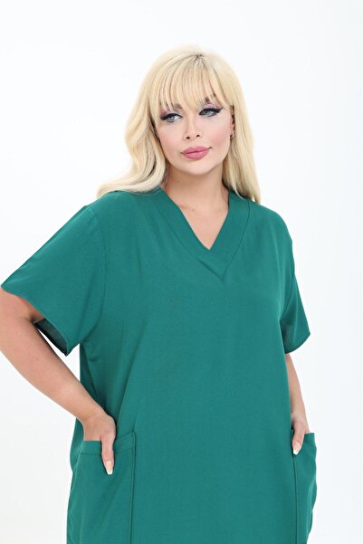 mervemoda Women's Summer V-Neck Woven Dress Short Sleeve Dress Below the Knee