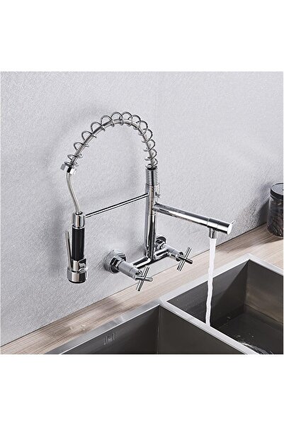 TAFASSELL Water-tap Chrome Brass Kitchen Faucet Vessel Sink Mixer Tap Spring Dual Swivel Spouts Sink Mixer Hot