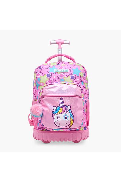 Unique -O Unicorn Print Trolley Backpack with Retractable Handle and Pom-Pom Charm - 32x22x47 cms