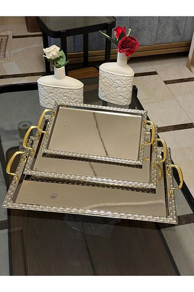 aljahwari 3-piece serving tray set, two-tone nickel