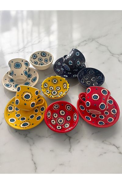 Artistic Quality Decorative 4-Person Stylish Evil Eye Bead Tile Design Fully Handmade Coffee Cup and 10 cm Sauce Bowl