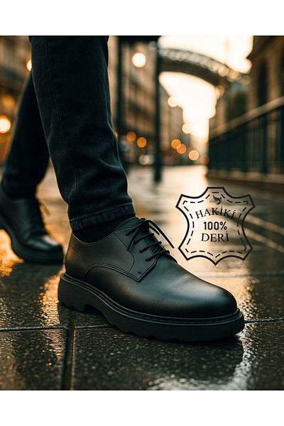 Liarca Imperia Men's Black Genuine Leather Classic Shoes |   Thick Soled Lace-Up Derby Model |   Business Office