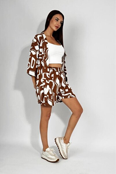 Betimoda Woven Viscose Relaxed Fit Kimono Shorts Top and Bottom Set Coffee