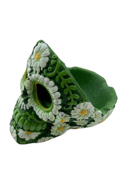 OEM Scrumiera jumatate de Craniu, verde cu detalii florale albe, Pictata manual