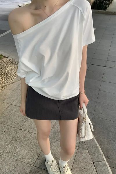Tarz Cool Tricou supradimensionat pentru femei, alb, cu decolteu barcă, fără umăr