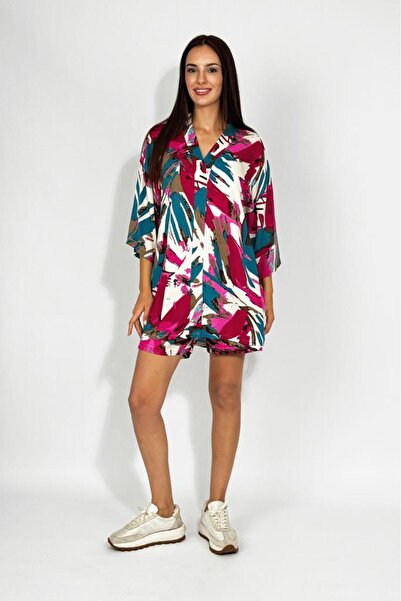 Betimoda Woven Viscose Relaxed Fit Kimono Shorts Top and Bottom Set Fuchsia