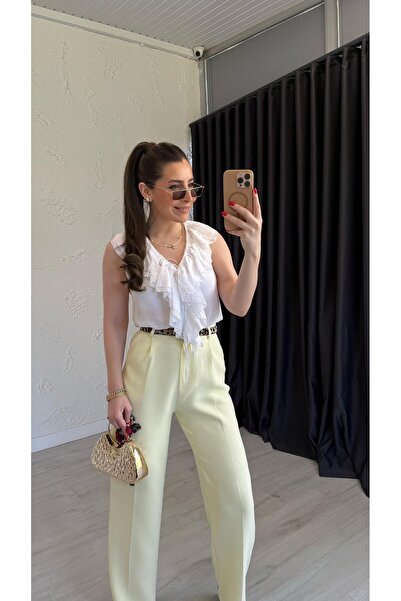 elif teke Sines بلوزة مكشكشة بدون أكمام إكرو