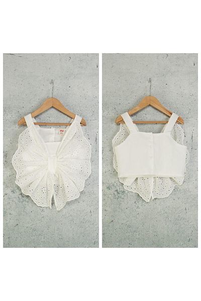 Magu Girl's Cotton White Bow Detailed Broderie Crop Blouse