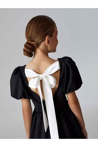NİSAY BOUTİQUE Girl's Black Colored Piping Detailed Dress with White Bow Ribbon on the Back