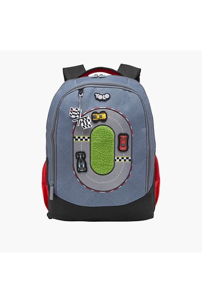 Yolo Yolo Racing Track Applique Backpack with Adjustable Straps and Zip Closure - 30x40x20 cms