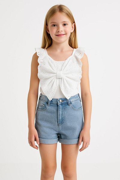 Magu Girl's Cotton White Bow Detailed Broderie Crop Blouse