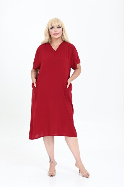 mervemoda Women's Summer V-Neck Woven Dress Short Sleeve Dress Below the Knee