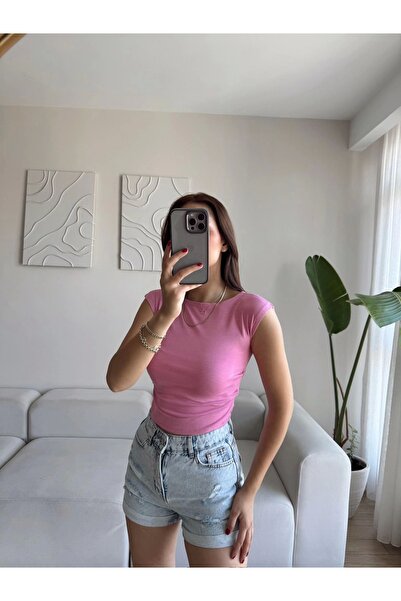 Zoom Butik Yan Lastik Kayık Yaka Crop - PEMBE