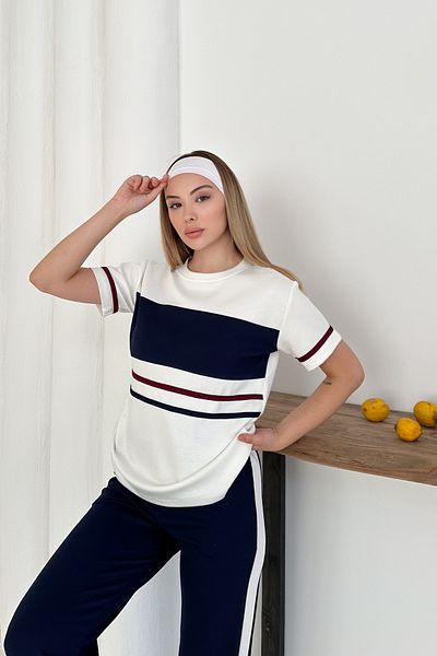 MİROR Women's Navy Blue Striped Modal Fabric Short Sleeve Tracksuit Set