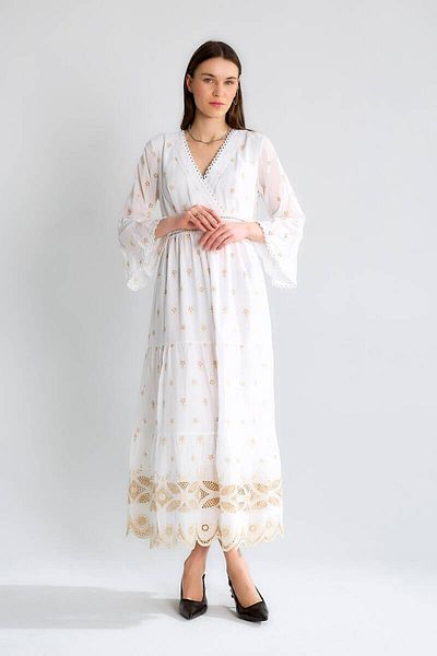 Robin Double Breasted Collar Long Dress with Lace Trim Detail