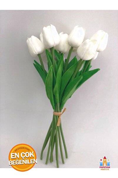 PapatyamPartiEvi Beyaz Yapay Lale Buketi - Gerçeksi Dokulu, 8 Adet 32 Cm Isla...