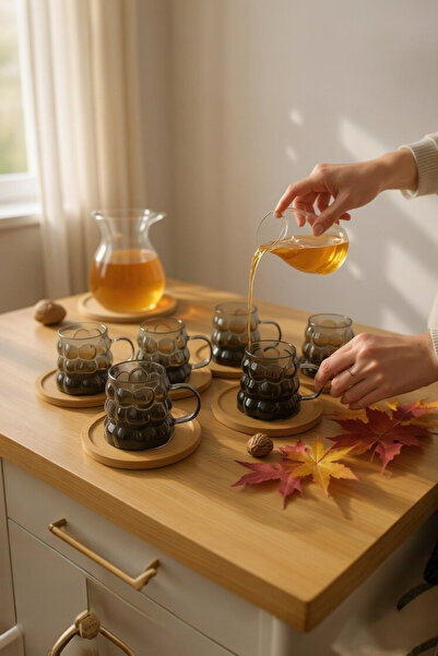 UCR HOME Kulplu Kahve Yanı Mini Üzüm Boncuk Bardak Sunum Bardağı ve Ahşap Altlık 6 lı Set 90 ml