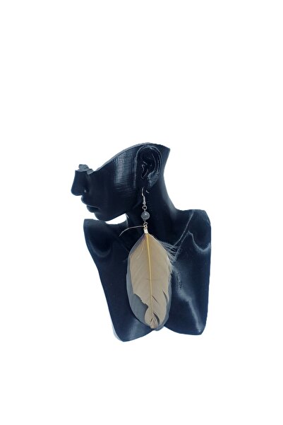 SYAZE Beige Natural Feather Detailed Long Earrings