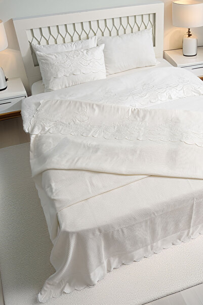 Nazik Home Hanzade Flower Embroidered Double 7 Piece Duvet Cover + Pique Set