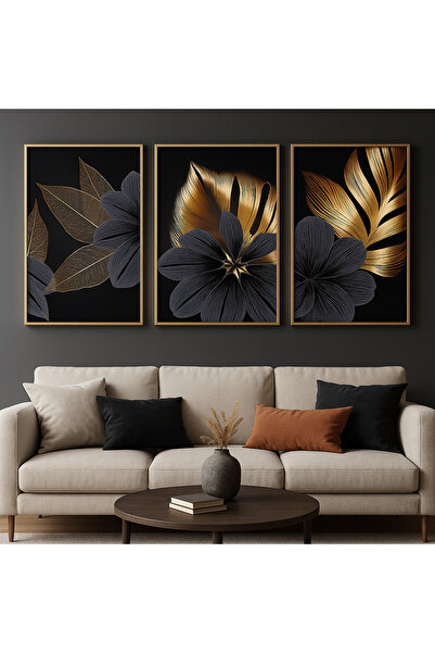 seninürünün Frunze de aur - Pictură modernă din 3 piese cu imprimare a adevăr...