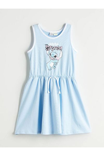 LC Waikiki LCW Kids Blue Crew Neck Stitch Printed Rochie pentru fete