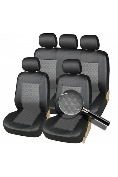 CED AUTO TRADE Set huse scaune auto, universale, fata-spate, piele ecologica, negru cu gri, compatibil airbag