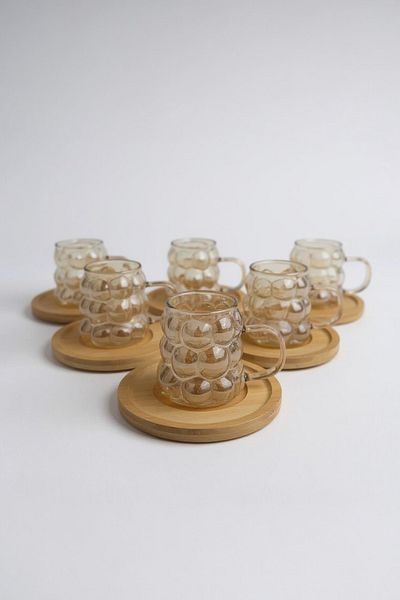 UCR HOME Coffee Side Mini Grape Bead Cup with Handle Presentation Cup and Wooden Base Set of 6 90 ml