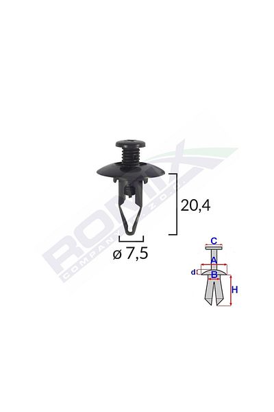 ROMİX Fastening Clips For Mitsubishi 7.5X20.4Mm - Black Set of 10 Pieces