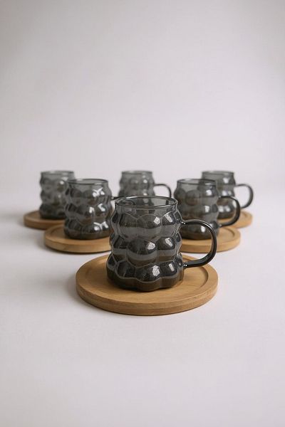 UCR HOME Coffee Side Mini Grape Bead Cup with Handle Presentation Cup and Wooden Base Set of 6 90 ml