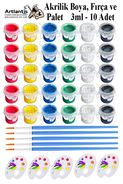 Artlantis Akrilik Boya 3 ml 6 Renk Resim Fırçası ve Paleti 5 Paket Mini Küçük...