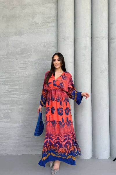 Mezka Rochie de damă cu mâneci lungi, guler dublu, model multicolor