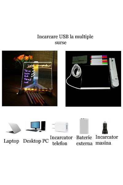tzachebot Lampa de veghe / tabla LED transparent si Markere Mesaje/Desene/Liste, Incarcare USB, 15x15 cm