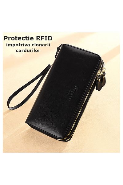 Clavi Genuine Leather Women's Wallet, Rfid Protection, Double Zipper, Dimensions 20x10 X4 Cm, Black