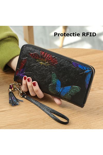 Clavi Women's Wallet Made of Genuine Leather Clavi, Three-Dimensional Printing, RFID,20x10.5x2.5 cm, Black